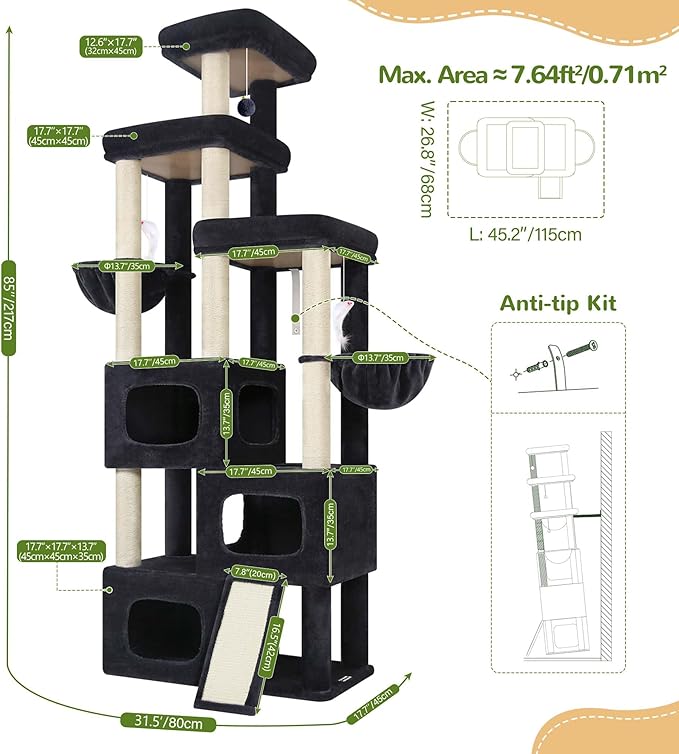 Globlazer 85 Inch Tall Cat Tree for Large Cats, Multi-Level Cat Tower for 4+ Cats with 3 Condos, 2 Hammocks & Sisal Posts, Heavy Duty Cat Tree Tower for Maine Coon, S85, Dark Grey
