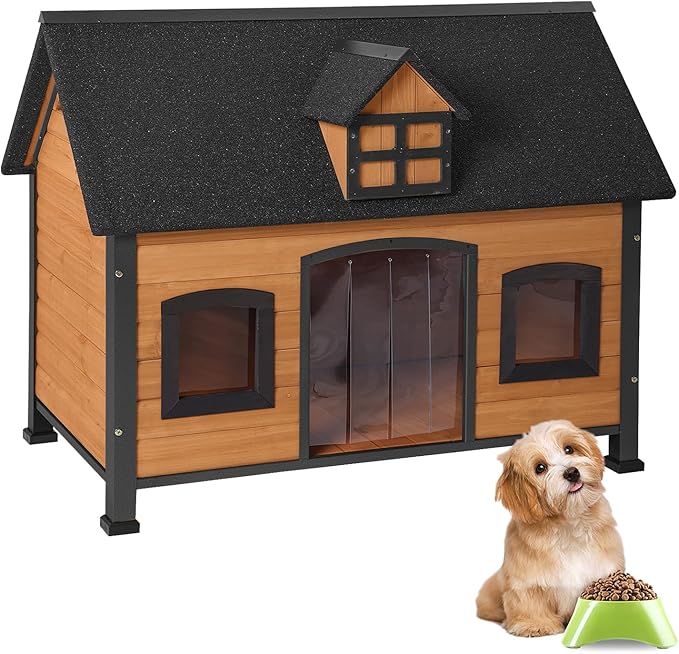 GUTINNEEN Dog House Outdoor with Metal Frame, Wooden Dog Shelter with Weatherproof Roof, Dog Kennel for Small to Large Dogs Indoor