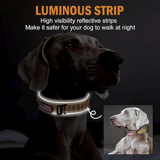 HYDEME Tactical Dog Collar, Alpine Loop Adjustable Military Training Nylon Dog Collars with Handle and Reflective for Small Medium Large Dogs, with Airtags Protective Case & Patches.(L,Brown)