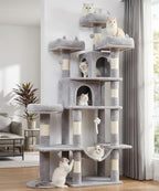 Heavy Duty Cat Tree for Indoor Cat, 71 Inch Large Cat Tower with Scratching Post and Top Perch, Hammock, Big Cat Condo for Adult Cats Kittens, PMT03GY, Grey