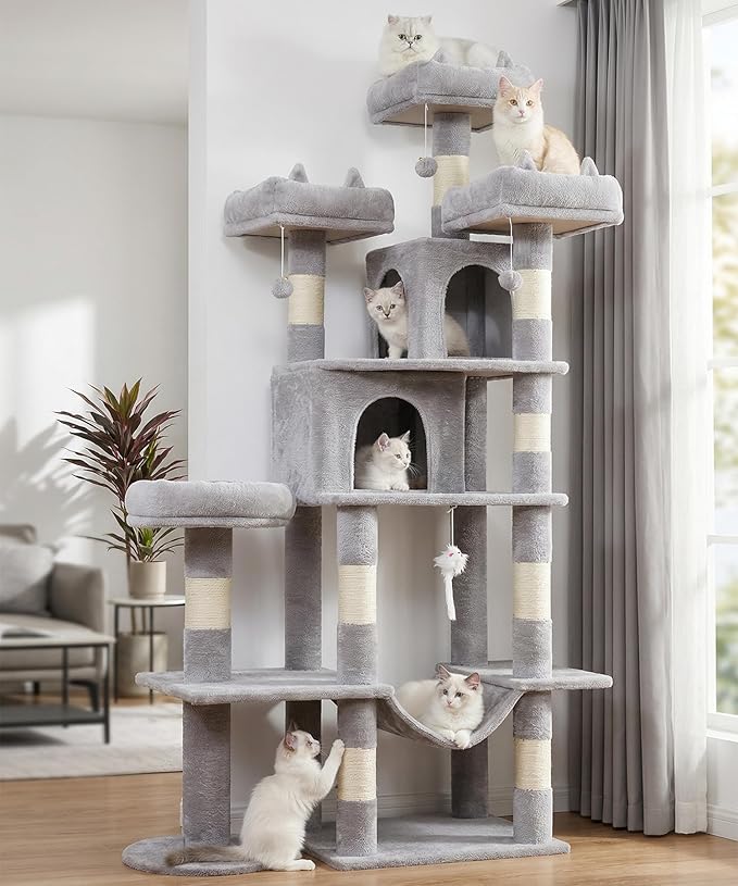 Heavy Duty Cat Tree for Indoor Cat, 71 Inch Large Cat Tower with Scratching Post and Top Perch, Hammock, Big Cat Condo for Adult Cats Kittens, PMT03GY, Grey