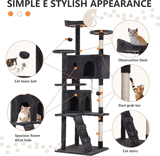 Heavy Duty Cat Tree, 70 Inch Tall Tower With 3 Top Perches Platforms & 2 Cozy Condos, Climbing Tower With Ladders & Sisal Pole, Scratching Tree for Large Cats Play House, Grey