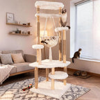Modern Multi-Level Cat Tree Tower for Indoor Cats, 70" Tall Natural Solid Wooden Cat Tower with Sisal Scratching Post, Luxury Cat Furniture with Swing Hammock for Cat Households White
