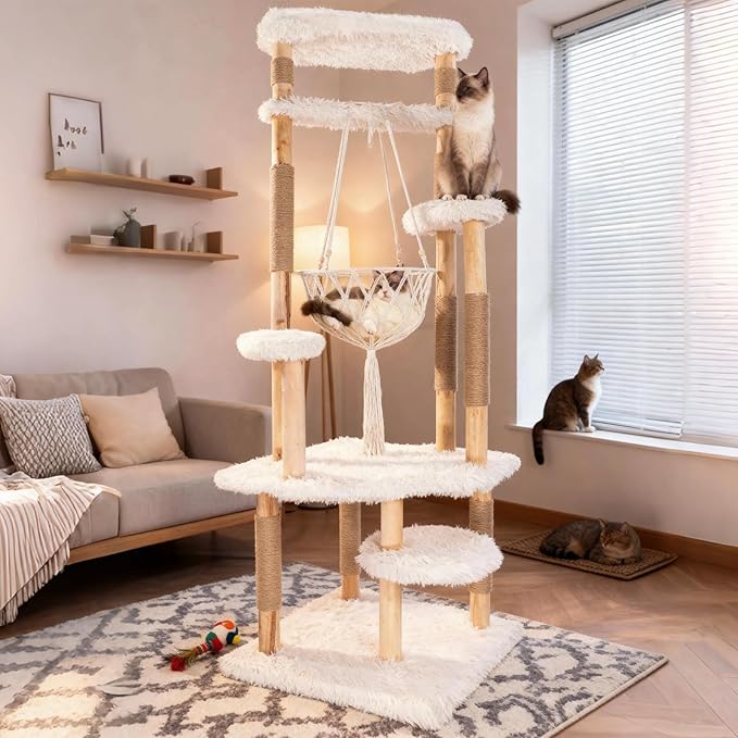 Modern Multi-Level Cat Tree Tower for Indoor Cats, 70" Tall Natural Solid Wooden Cat Tower with Sisal Scratching Post, Luxury Cat Furniture with Swing Hammock for Cat Households White