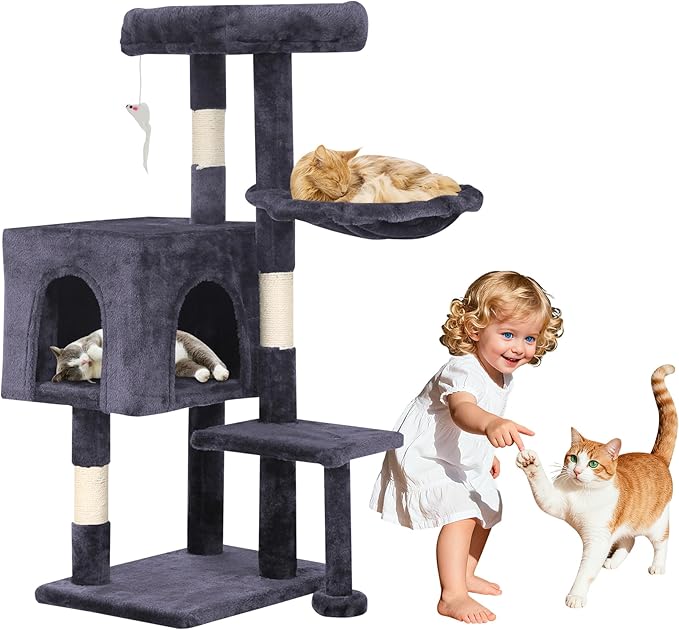 BLKMTY 36" Cat Tree Tall Cat Tower for Indoor Cats Condo Climber with Scratching Post, Climbing Stand, Plush Top Perch and Mouse Toy Cats Playhouse Kitty Activity Trees with Hammock, Dark Gray