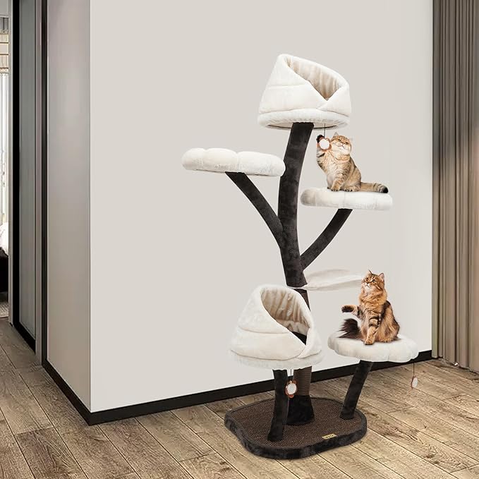 63.8in Large Multi-Level Cat Tree, Multi-Level Cat Tower Cat Climbing Frame 22 Lbs Weight Capacity Padded Top Platform Leaf-Shape Hammock Flower-Shape Plush Balls for Homes, Pet Stores