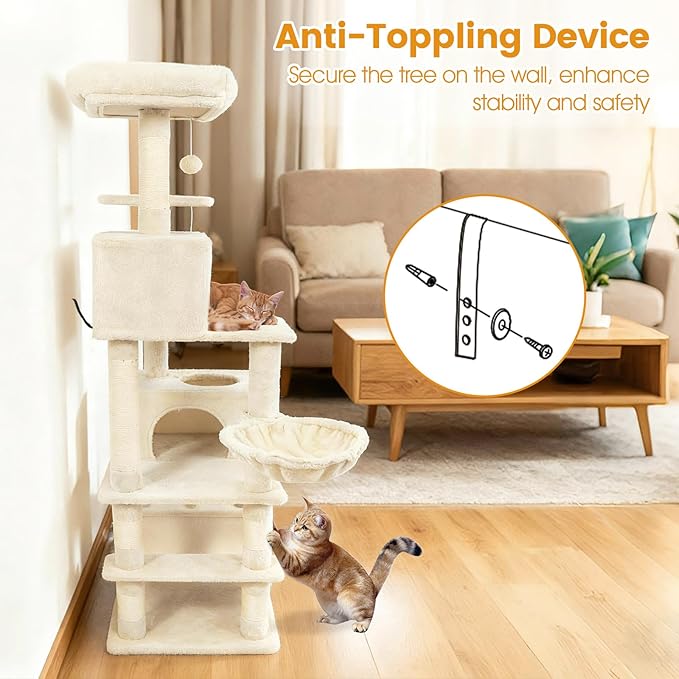 Tangkula 66 Inch Tall Cat Tree, Multi-Level Cat Tower with Sisal Scratching Posts, 2 Condos, Plush Perch, Hammock, Basket, Dangling Toys, Cat Climbing Furniture for Indoor Cats (Beige)