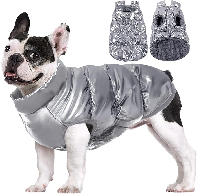 AOFITEE Dog Jacket, Dog Winter Coat, Warm Dogs Coat, Fleece Dogs Puffer Jacket, Windproof Waterproof Pet Snowsuit, Cozy Female Male Pet Snow Jackets Fleece Vest with Snap Closure, Silver, XL