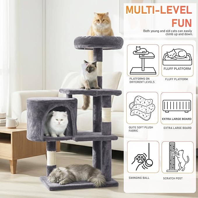 ‌Dopinmin 36" Winter Cat Tree - Plush Multi-Level Indoor Cat Tower with Sisal Scratching Posts & Ramp Plush Condo for Kittens,Light Gray
