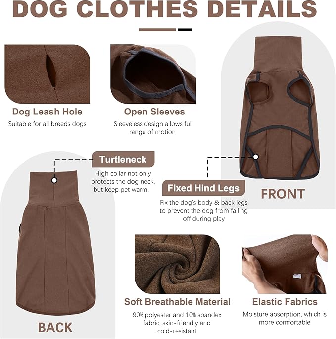 ROZKITCH Thick Dog Sweatshirts for Large Dogs, Pet Windproof Warm Cold Weather Jacket Vest Cozy Jumpsuit Apparel Outfit Clothes for Walking Hiking Travel Sleep Brown 3XL