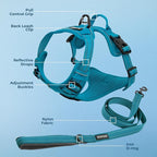 Voyager Dog Harness Dual Leash Attachment No-Pull Control Adjustable Soft but Strong Pet Harness for Medium and Large Dogs with 3M Reflective Technology, Leash Set Turquoise Nylon, S (Chest: 16-20")