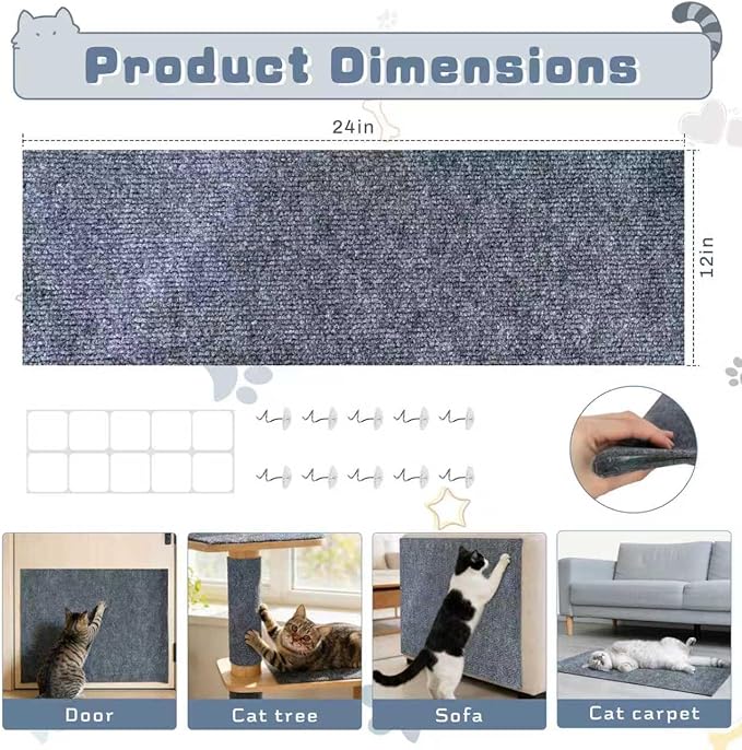 24"X12" Cat Scratch Furniture Protector, Anti Scratch Couch Protector from Cat Claws, Self-Adhesive Cat Scratching Pads, DIY Couch Cat Scratcher for Corner Sofa Wall & Door (Gray)