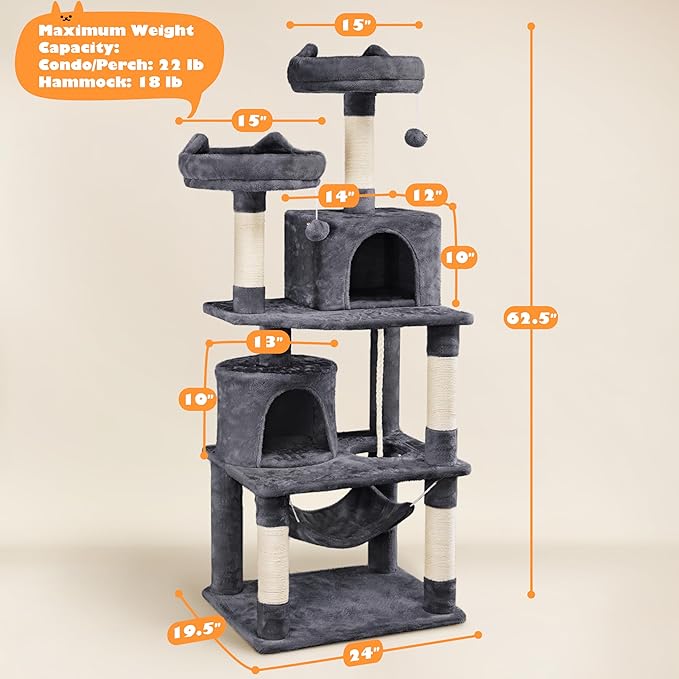 Topeakmart 62.2 inches Cat Tree with Double Condos, Scratching Posts & Hammock, Kitty Activity Tree Center Kitten Play House, Dark Gray