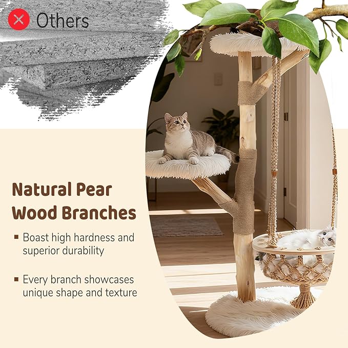 PETSITE 48.5 Inches Wood Cat Tree, Multi-Level White Modern Cat Tree with Hanging Basket, Solid Natural Peer Wood Post Wrapped with Jute Ropes, Soft Long Plush Covered Perches and Base