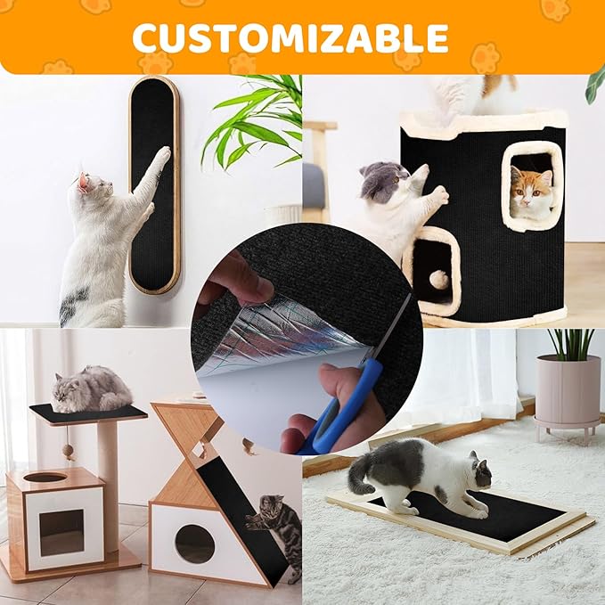 Cat Scratching Mat Self-Adhesive, 78.7'' x 15.8'' Trimmable Cat Scratch Pads Furniture Protector, DIY Climbing Cats Scratching Carpet for Couch, Door Frame or Wall Corner Protector (Black)