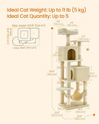 Feandrea Cat Tree, 59.5-Inch Tall Cat Tower, Plush Multi-Level Condo with 5 Scratching Posts, 2 Perches, 2 Caves, Hammock, 2 Pompoms, Beige UPCT192M01
