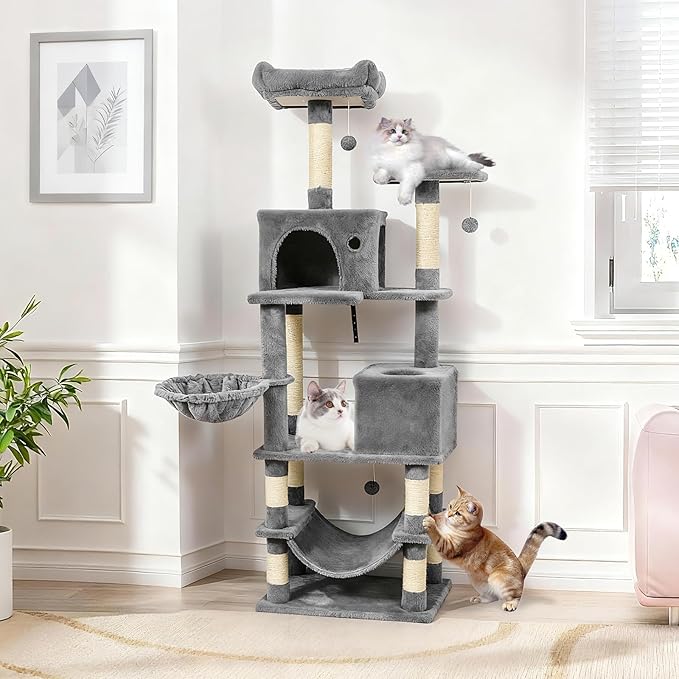 Tangkula 66 Inch Tall Cat Tree, Multi-Level Cat Tower with Sisal Scratching Posts, 2 Condos, Plush Perch, Hammock, Basket, Dangling Toys, Cat Climbing Furniture for Indoor Cats (Light Gray)
