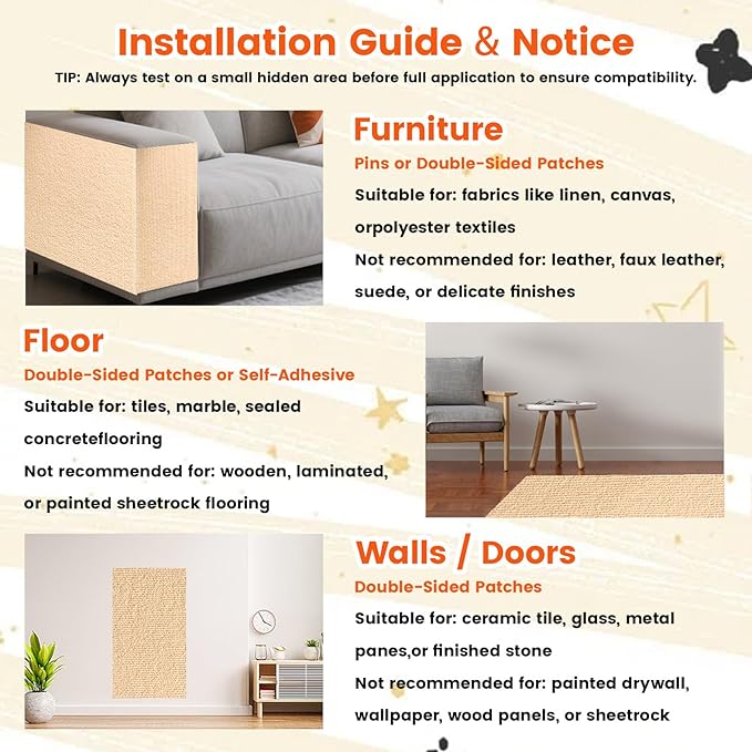 78.7"x15.8" Self-Adhesive cat Scratch pad - Trimmable Furniture Protector for Couch, Walls & Cat Trees | DIY Climbing Scratcher Pad with Twist Pins & Double-Sided Adhesives (Beige)
