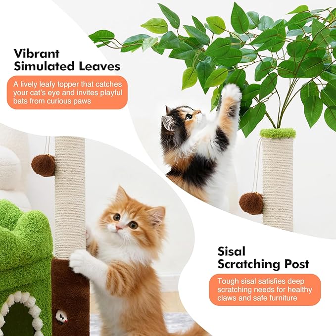 Small Cat Tree with Scratching Post and Ball Track, Green Cat Tower with Lifelike Leaves for Kittens and Small Cats, 2-Door Cat Condo and Interactive Cat Toys for Indoor Cats