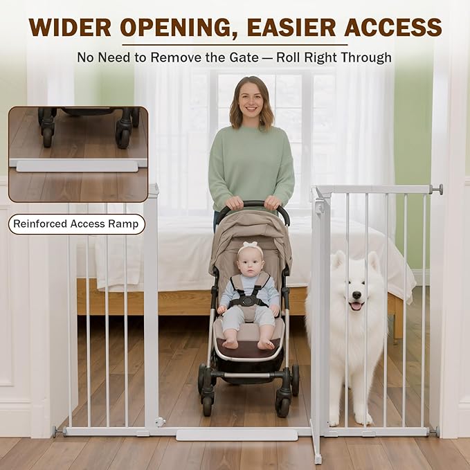 Mumeasy 36" Extra Tall Baby Gate for Doorways, 29.7"-57" Extra Wide Dog Gate for Stairs, Pressure Mounted Auto Close Pet Safety Gate with Easy Walk Thru Door, Large Indoor Child Gate for House, White