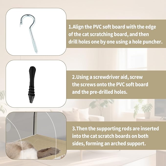 3 Function in 1 Cardboard Cat Scratcher Board, 31.5 in Cat Scratcher House, Cat Scratchers for Indoor Cats, Arched Cats Scratch Pad As Cat Bed, Cat Tunnel for Sleep, Grind Claws (Beige)