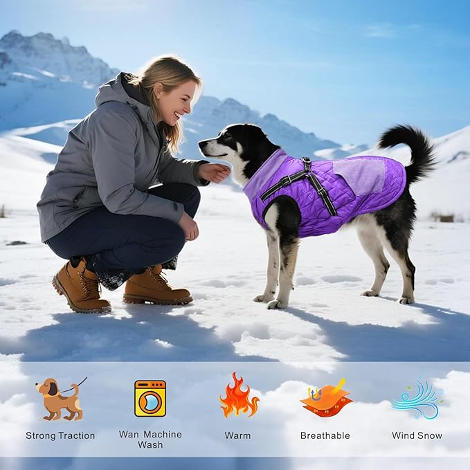 Mosucoirl Warm Dog Coats Pet Clothes, Waterproof Dogs Jacket Reflective Pet Outfits Winter Dog Cold Weather Coat Cozy Snow Jackets Vest for Small Medium Large Dogs Puppy Doggie (Purple, L)