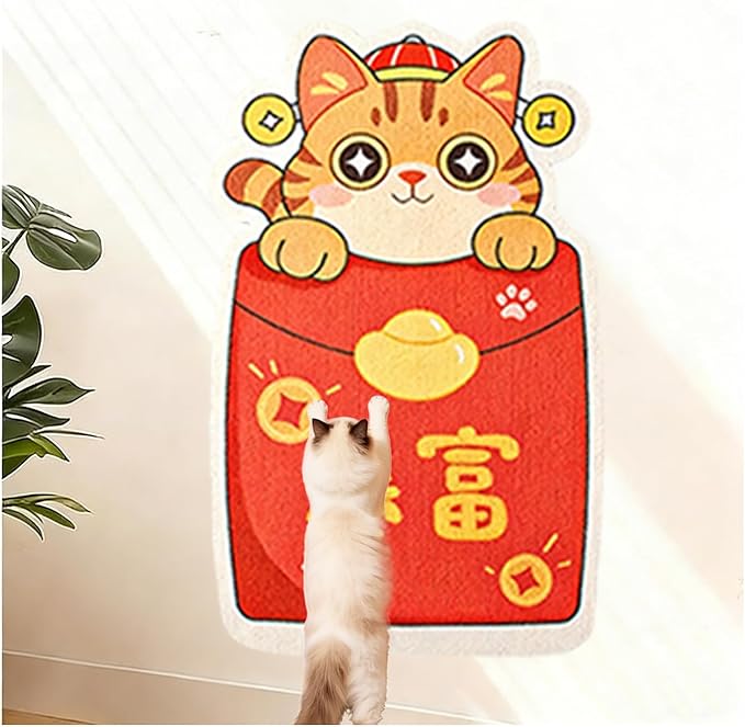 Cartoon Cat Scratching Mat, Cute Wall Cat Scratcher for Christmas, New Year, Pet Scratching Pad with Self-Adhesive Backing, Furniture Protector for Couch Door Sofa Indoor (Red Envelope)