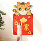 Cartoon Cat Scratching Mat, Cute Wall Cat Scratcher for Christmas, New Year, Pet Scratching Pad with Self-Adhesive Backing, Furniture Protector for Couch Door Sofa Indoor (Red Envelope)