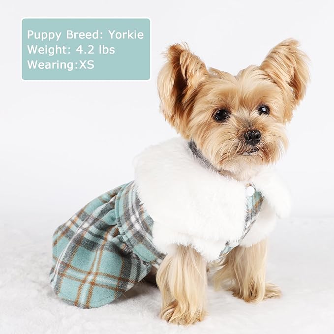 Dog Sweater with Leash Set Plaid Fleece Dog Clothes for Small Dogs Girl Boy Winter Pet Dress Cold Weather Coat Fall Sweater for Chihuahua Yorkie Cat Puppy Costumes (Turquoise, XX-Small)