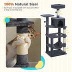 PEQULTI 56.3'' Cat Tree for Indoor Cats, Multi-Level Cat Tower with 2 Top Perch, Cat Condo, Hammock and Sisal-Covered Scratching Post, Smoky Grey