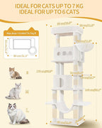 Cat Tree, 66.9" Large Cat Tower for Indoor Cats, Multi-Level Cat House with Condo, 8 Scratching Posts, Hammock, 4 Pom Poms, White MS17018WT