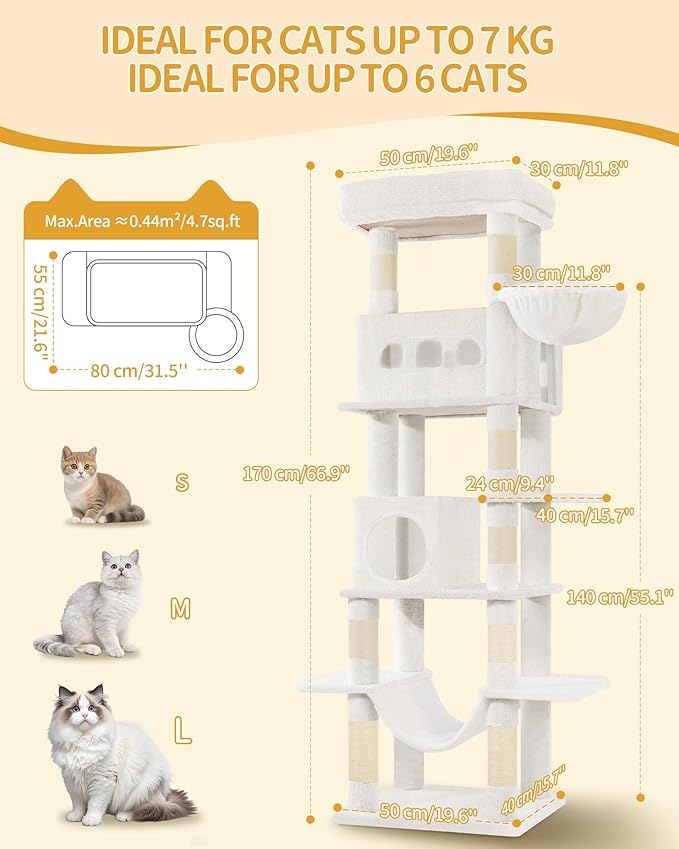 Cat Tree, 66.9" Large Cat Tower for Indoor Cats, Multi-Level Cat House with Condo, 8 Scratching Posts, Hammock, 4 Pom Poms, White MS17018WT