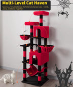 AMHANCIBLE Gothic Cat Tree, 70 Inch Tall Cat Tower for Indoor Cats, Multi-Level Cat Tree with Scratching Post, Hammock, Hanging Basket, Large Cat Condos for Adult Cats Kittens, Black Red, PT18RD