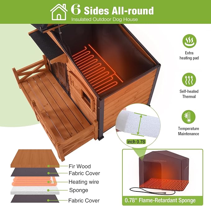 GUTINNEEN Large Heated Dog House Outdoor Insulated Dog Kennel with Safe Heating Pad, Chew-Proof Metal Frame and 6-Sided Insulated Liner for Medium to Large Breeds, 44.6" L x 41.1" W x 32.9“H (Brown)