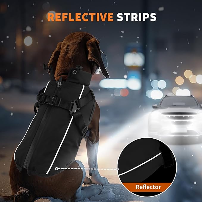 Dog Winter Coat Reflective Water-Resistant Jacket, Fleece Lined Windproof Puppy Coat with Back Zipper & D-Ring, Cold Weather Dog Coats for Small Medium Dogs (XXL, Black)