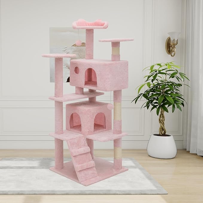 77" Cat Tree Tower Multi-Level Cats Condo with Large Perch, Sisal Scratching Posts and Ramp for Kittens to Adults Cats, Fits Living Room, Bedroom, Apartments, Soft Pink
