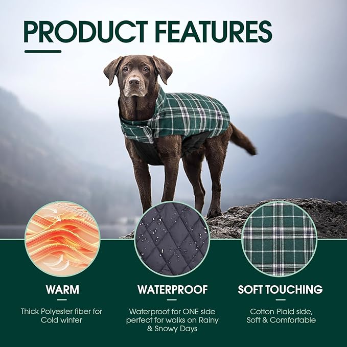 Kuoser Warm Dog Coat, Waterproof Dog Coats for X-Small Dogs, Adjustable Durable Doggie Winter Jacket Reversible Cozy Puppy Cold Weather Apparel from Small to Large Breed, Green XS