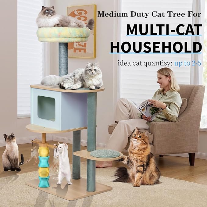 49.2" Cat Tree Tower for Large Cats - 5-Level Solid Wood Cat Condo with Sisal Scratching Posts, Plush Perch & Feather Toys | Multi-Cat Friendly, Sturdy Construction (M+)