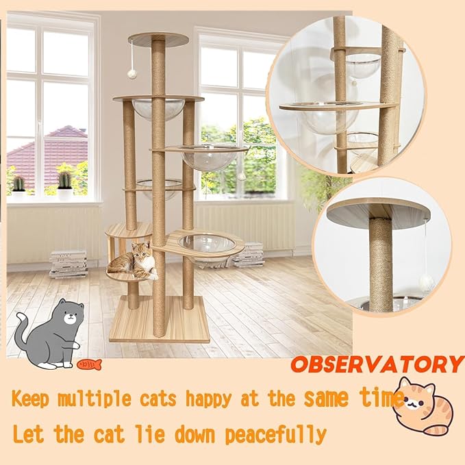 72.1-Inch Cat Tree for Indoor Cats Large Adult, 4 Bowl,12 Sisal Scratching Posts,1 Cat cage,Top Perch, Toy Balls,Larg Large cat Tree,Wood cat Tree,(YN-105)