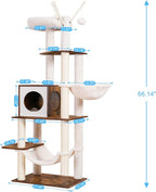 Hey-brother Wooden Cat Tree, 66.1“ Cat Furniture with Scratching Posts, Modern Cat Tower with hammocks, Toys, cat condo, Rustic Brown MPJ120SR