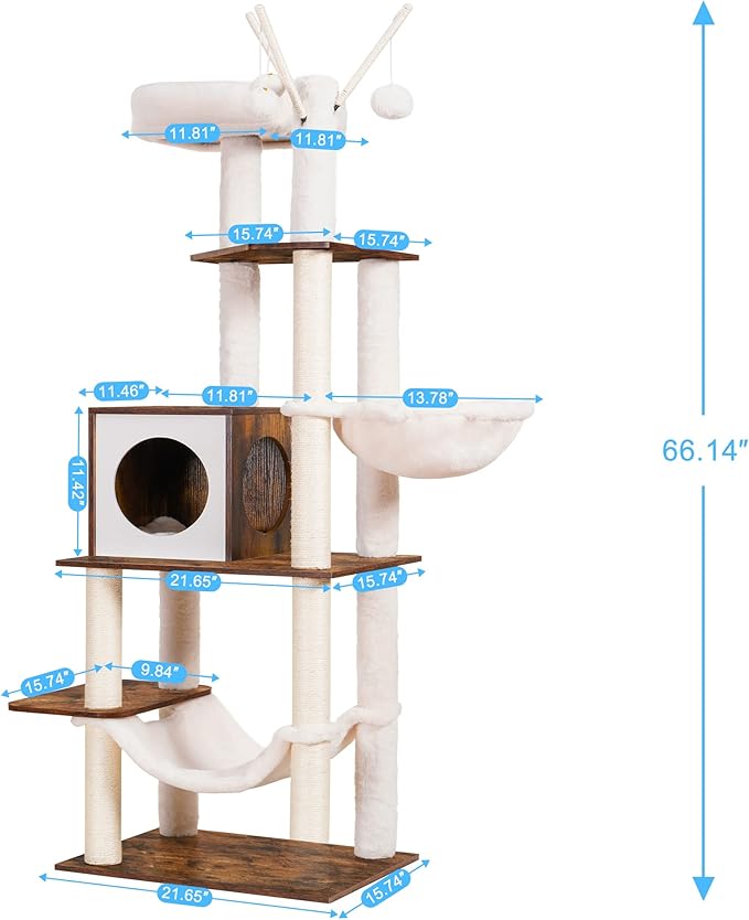 Hey-brother Wooden Cat Tree, 66.1“ Cat Furniture with Scratching Posts, Modern Cat Tower with hammocks, Toys, cat condo, Rustic Brown MPJ120SR