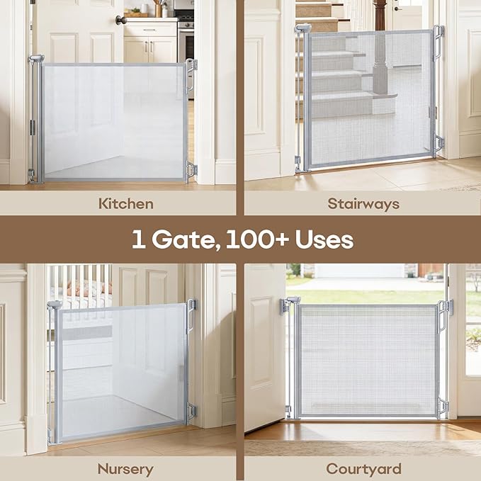 Retractable Safety Baby Gate or Mesh Dog Gate,Durable Portable Mesh Retractable Gate,Easy to Use for Stairs, Doorways, Hallways, Indoor, Outdoor, 33.5" Tall, Up to 45" Wide, Gray