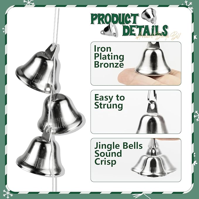 Craft Bells 24 Pcs Small Brass Bells for Crafts, Vintage Silver Hanging Jingle Bells with Spring Hooks for Wind Chimes, Dog Training Doorbell, Mission Project, Wedding, Christmas, Easter & Home Decor