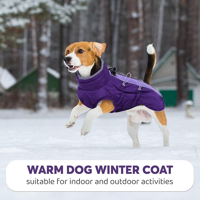IDOMIK Warm Dog Coat with Harness, Waterproof Reflective Dog Jackets for Small Medium Large Dogs, Fleece High Collar Winter Jacket with Zipper, Pet Winter Snowsuit Clothes for Cold Weather,Purple 3XL