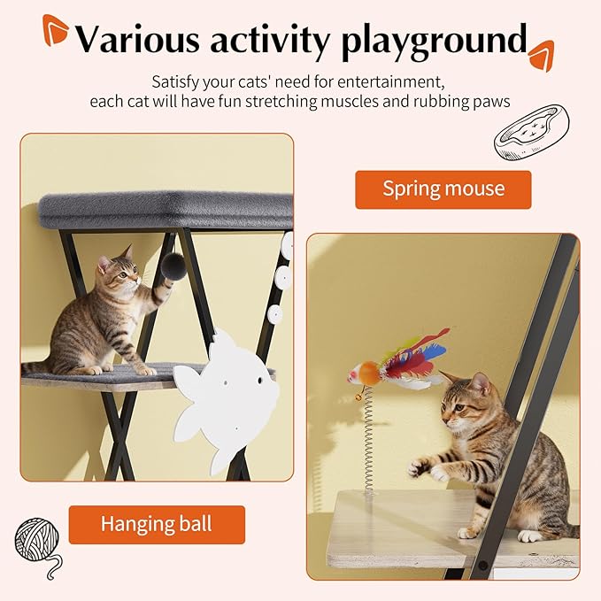 HavenlyYouth Modern Cat Tree for Indoor Cats, Tall Cat Tower with Condo, Multi-Level Cat Tree with Cave, Scratching Board,Removable Pads for Cats, X Style, Light Gray