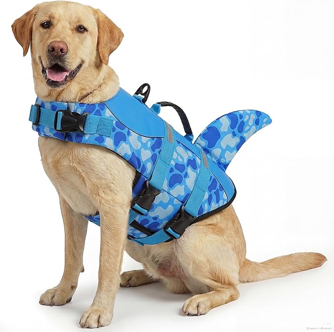 ASENKU Dog Life Jacket - Pet Safety Vest for Swimming & Boating, Shark Life Jacket with Floatation, Dog Lifesavers Swimsuits for Small Medium Large Dogs (Blue Cow Print, 2XL)