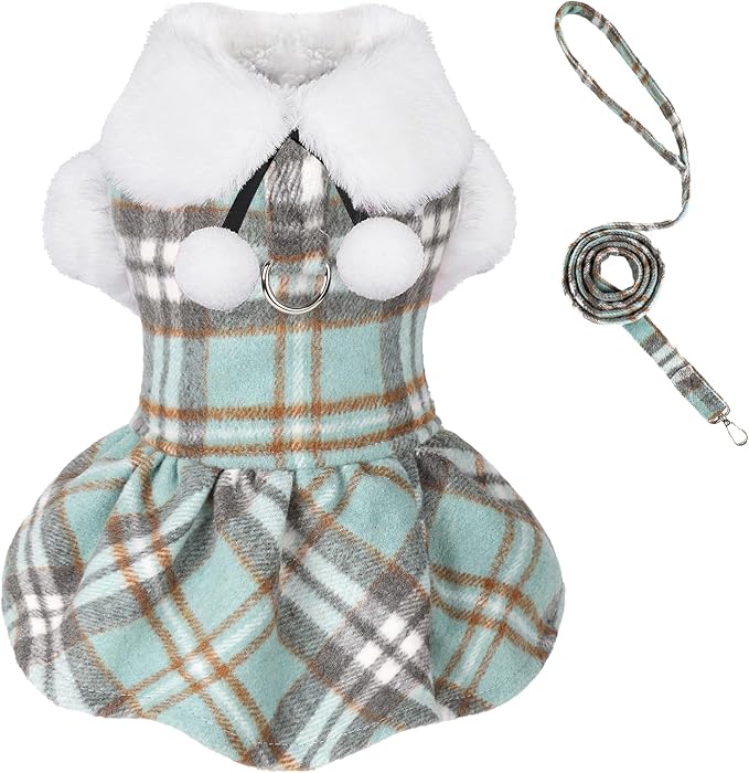 Dog Sweater with Leash Set Plaid Fleece Dog Clothes for Small Dogs Girl Boy Winter Pet Dress Cold Weather Coat Fall Sweater for Chihuahua Yorkie Cat Puppy Costumes (Turquoise, X-Small)