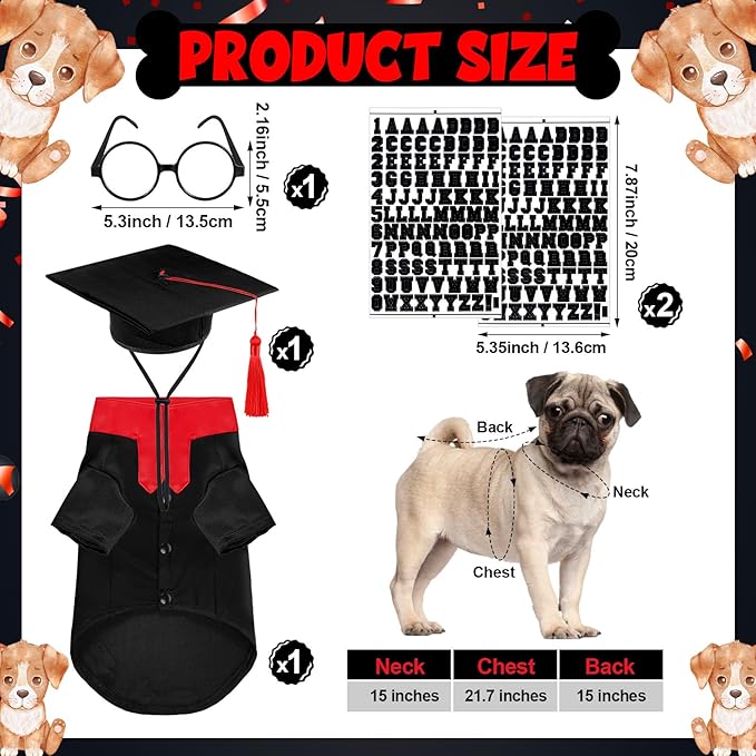 5 Pcs Dog Graduation Costume Set Include 2026 Pet Graduation Gown with Stole Puppy Grad Cap Lensless Glasses DIY Letter Stickers for Dogs Cats Holiday Costume Accessory(Black Red,M)