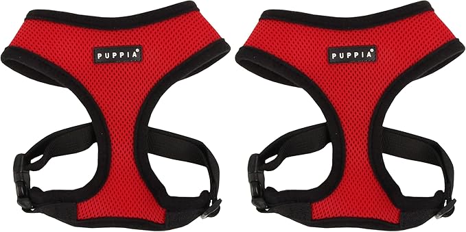 Puppia Soft Dog Harness No Choke Over-The-Head Triple Layered Breathable Mesh Adjustable Chest Belt and Quick-Release Buckle, Red, Small (Pack of 2)