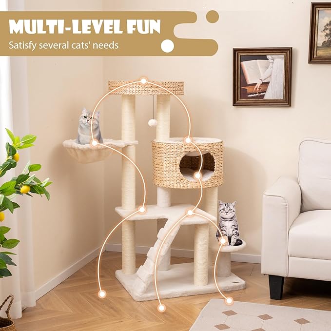 Tangkula Modern Cat Tree, 50 Inch Multi-Level Cat Tower with Cattail Fluff Condo & Top Perch, Hanging Basket, Platforms, Ladder, Dangling Ball, Sisal Scratching Posts for Indoor Cats